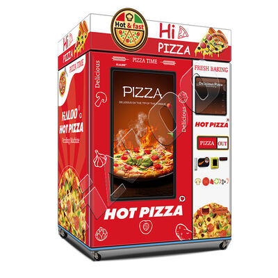 55-inch touchscreen pizza-automaat met verwarmings- en bak-systeem, voorzien van een LED-lichtbak bovenop de pizza-automaat