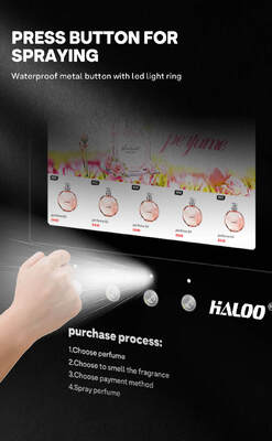 Haloo wall-mounted perfume spray vending machine can hold four different fragrances and features five sample buttons for tabletop use